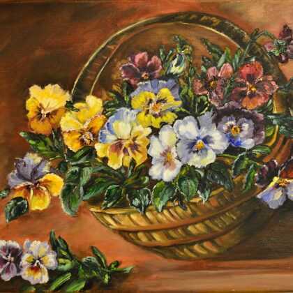 Basket of pansies. size 30x40, oil, canvas