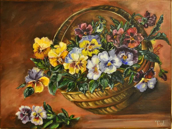 Basket of pansies. size 30x40, oil, canvas